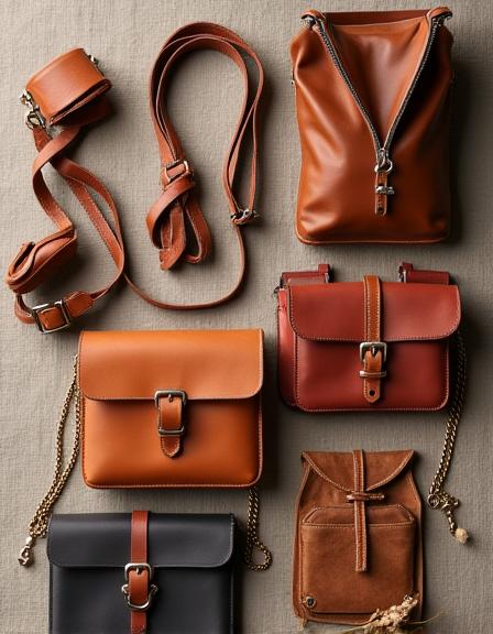 A beautifully arranged display of handcrafted leather bags and meticulously designed accessories, highlighting unique artisanal quality.